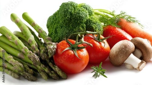 Assorted fresh vegetables including asparagus tomatoes broccoli carrots and mushrooms on white.