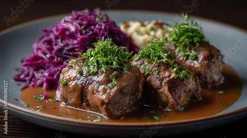 German Rouladen with red cabbage and mashed potato