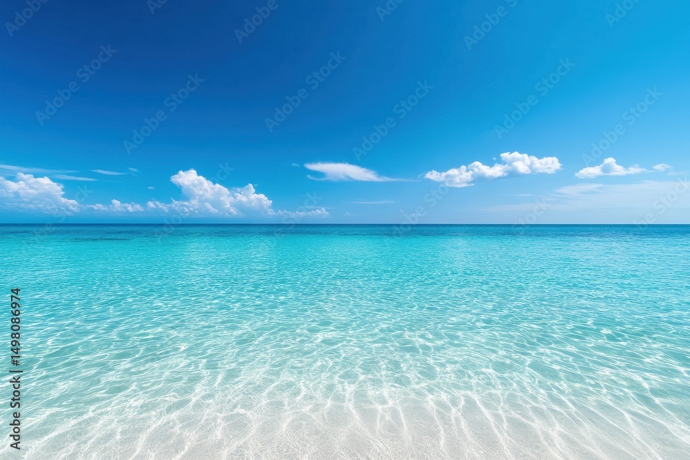 Obraz premium Crystal clear sea water and white sandy beach create a serene tropical paradise under a bright blue sky, Crystal clear sea water and tropical beach Serenity and calmness background