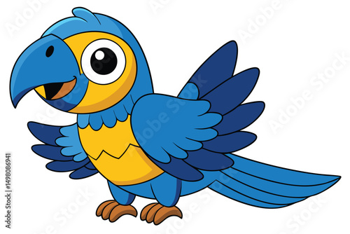 Animated Blue and Yellow Macaw Parrot Character Standing with a Friendly Expression