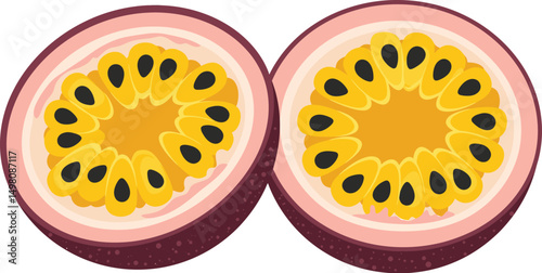 Colorful Passion Fruit Vector Illustration with Purple Skin and Sliced Yellow Pulp with Seeds on Transparent Background for Tropical Food and Healthy Lifestyle Designs