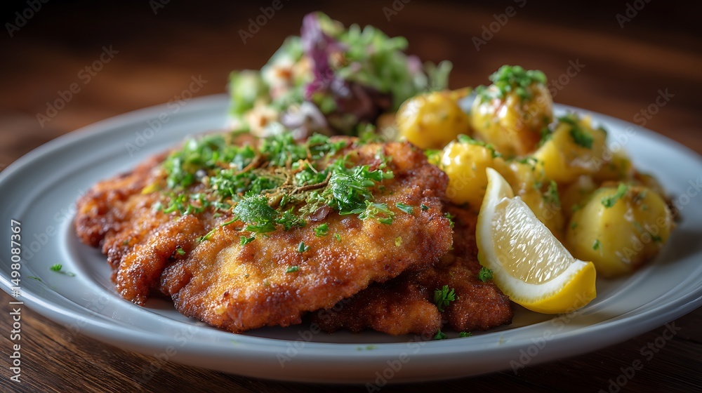 Golden schnitzel with potato salad and lemon wedge Golden schnitzel with potato salad and lemon wedge