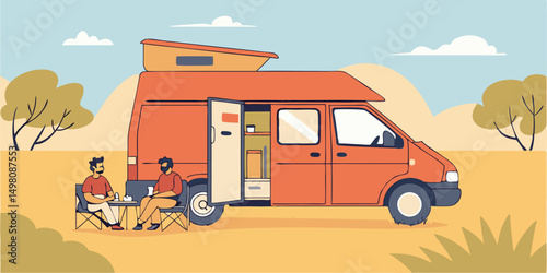 Two men enjoying coffee outside their camper van on a sunny day