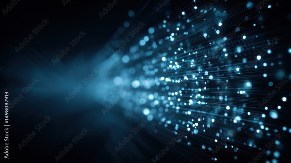 Fototapeta premium Fiber optics abstract blue light background with blurred motion and bokeh effects.