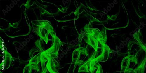 Abstract green wave of light on a black background. Abstract chemical green fire flame isolated on a black background. Line art illustration depicting green smoke illuminated against a dark background