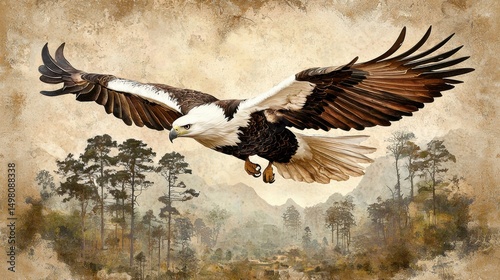 A majestic eagle soars above a forest, its wings spread wide in a display of power and grace.