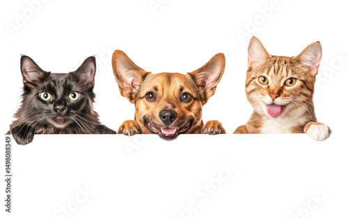 Three cats and a dog are looking at the camera