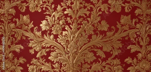 Intricate gold floral damask on deep crimson, regal design , rich, elegant