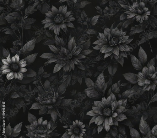 Abstract charcoal floral seamless pattern, dark botanical art, plants, wallpaper