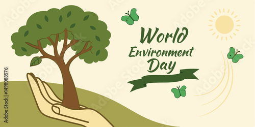 World environment day illustration of nature tree hand sun butterfly for awareness