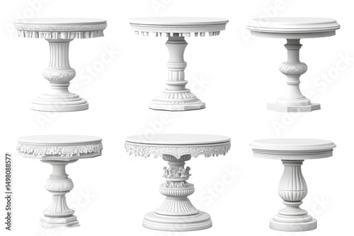 Six white ornate pedestal tables isolated on transparent background