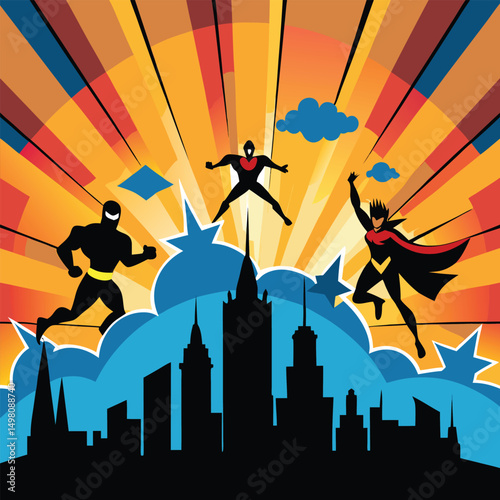Silhouetted City Skyline with Superheroes in Dynamic Action Pose