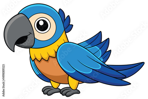 Cartoon Blue and Yellow Macaw Parrot Illustration Standing Upright in Full View