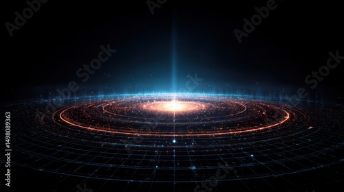 Abstract glowing light with concentric circles and a beam against a dark background.