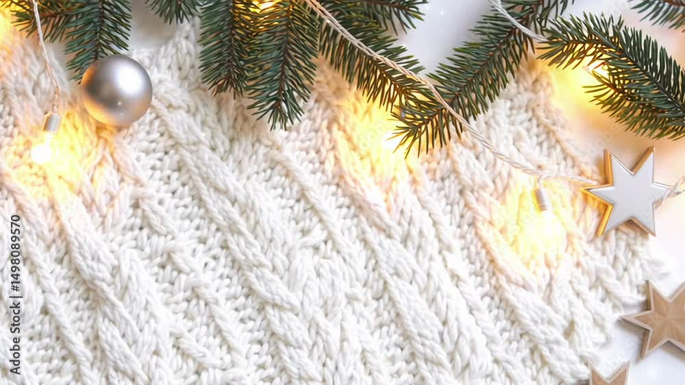 Cozy Christmas Scene With Knitted Blanket And Glowing String Lights. Concept Of Holiday Atmosphere, Winter Comfort, Seasonal Decor, And Warm Visuals For Christmas-Themed Branding Footage