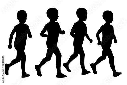 Dynamic Group of Running Silhouetted Figures in Minimalist Black and White Illustration with Clean Simple Lines and Balanced Composition, Capturing Motion and Energy