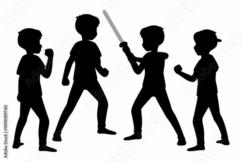 Highly Detailed Digital Art of Children Silhouettes Playing with Light Sabers, Futuristic Warrior Minimalist Sci-Fi Character Design in 4K Resolution, Dynamic and Imaginative Scene