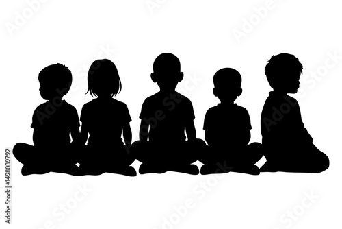 Hyper Realistic Detailed Silhouette of a Group of Children Sitting in Meditation Pose, Shiny Black with Intricate Details, High Contrast and Dramatic Lighting Creating Powerful Visual Impact