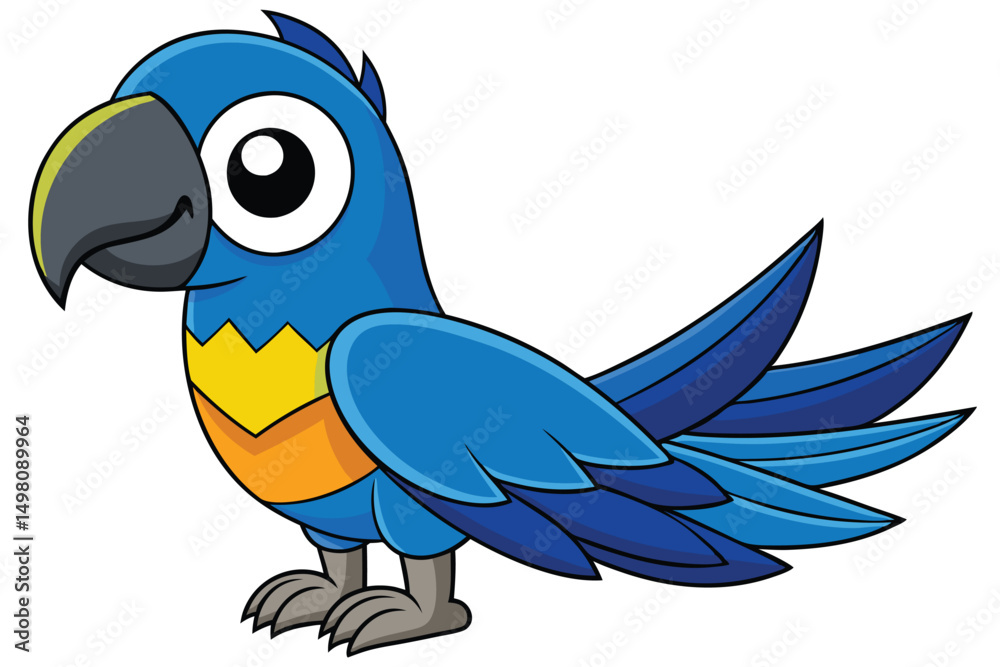 Obraz premium Cartoon Blue Macaw Parrot with Yellow Chest, Smiling, Isolated Bird Illustration