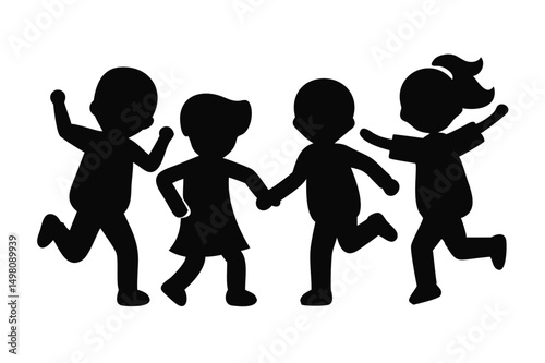Playful Children Silhouettes in Monochrome Graphic Style Jumping Energetically with Happy Expressions, Capturing Joyful and Dynamic Motion in Minimalist Black and White Design