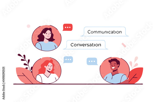 Diverse people engaging in online conversation and digital communication with text bubbles