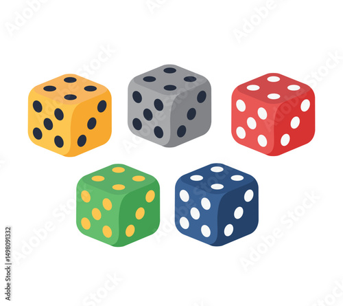 Five colorful dice representing games, chance, and probability, perfect for themes of entertainment, gambling, and random outcomes.