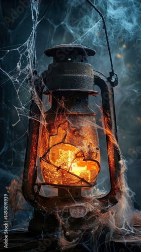 Rusty lantern, glowing flame, haunted forest, spooky atmosphere
