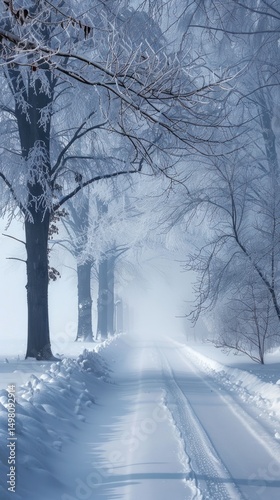 Winter wonderland path through frosted trees