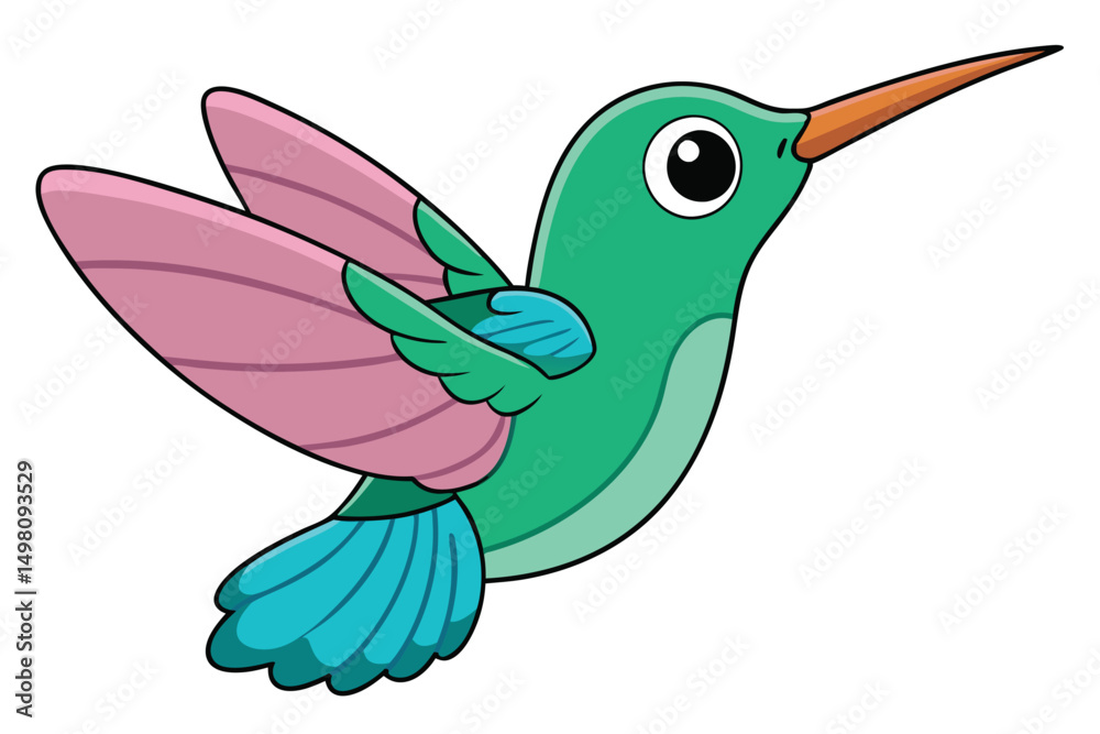 Obraz premium Cartoon Hummingbird Flying with Pink Wings and Teal Feathers Graphic Illustration