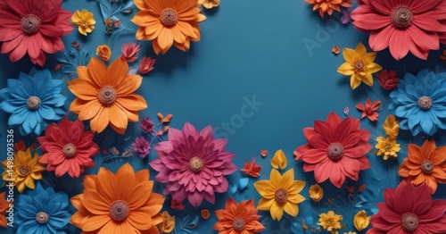 Vibrant paper flowers, blue backdrop, central space, artwork, floral, empty space