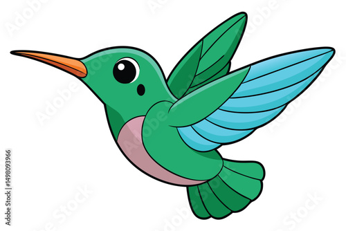Cartoon Illustration of a Cute, Animated Hummingbird in Flight With Teal and Green Feathers