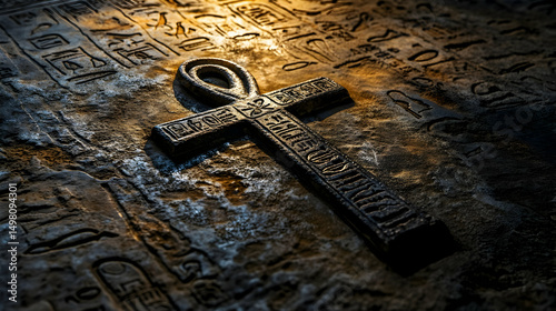 Ancient egyptian ankh symbol amidst hieroglyphs on stone surface photo