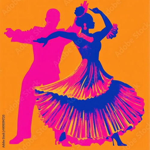 Flamenco dancers perform passionate dance, vibrant background, cultural event