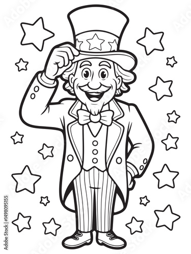 Cute Cartoon Uncle Sam Tipping Hat with Stars Coloring Page
