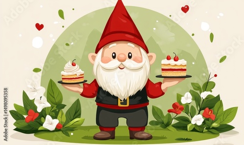 Garden gnome presents cakes, floral background, whimsical illustration, greeting card
