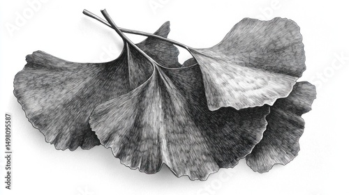 Ginkgo Biloba leaves, detailed pencil sketch, white background, botanical illustration, for nature or health publications