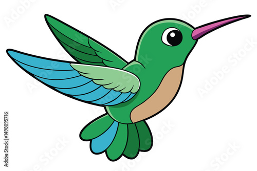 Colorful Cartoon Hummingbird Illustration with Green and Blue Wings in Flight Pictured Sideways