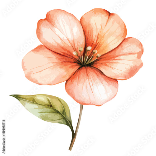 Delicate Watercolor Peach Blossom with Lush Green Leafage