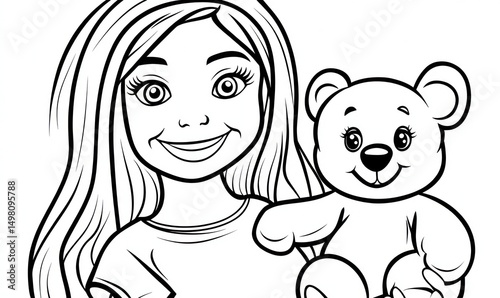 Girl holding teddy bear, coloring page, friendship, childhood