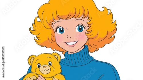Girl smiling, holding teddy bear, white background, illustration for children's book