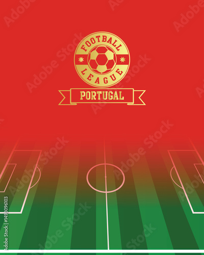Portugal Concept for Football League Gold Stamp with Soccer Green Field Background, abstract illustration image