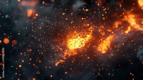 Dramatic fiery explosion with glowing embers and swirling smoke. Intense, dangerous.