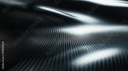 Wavy black carbon fiber pattern in dark moody lighting; industrial material.