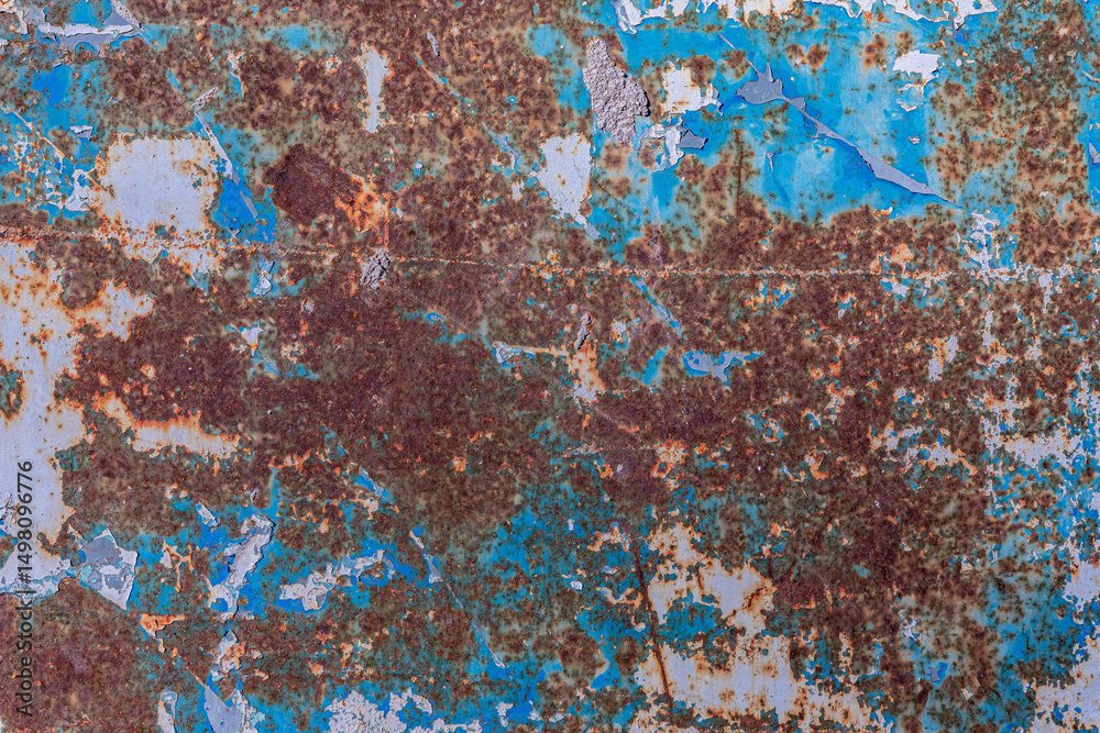 Close-up of a corroded metal surface with blue peeling paint and heavy rust for a grungy industrial background. Close-up of a corroded metal surface with blue peeling paint and heavy rust for a grungy industrial background.