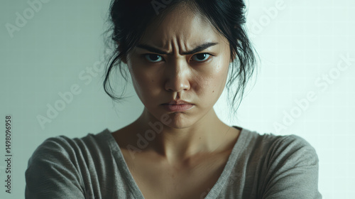 Unleashing Inner Fury: An Asian woman's face vividly expresses intense anger, framed against a subtly textured backdrop, embodying raw emotion.
