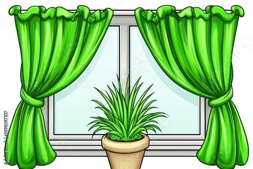 Green curtains frame window, plant pot sits below, bright room