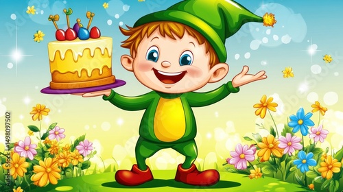 Happy elf boy presents birthday cake in garden.  Kids party invitation