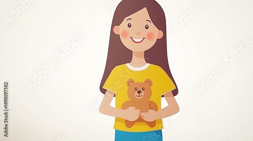 Happy girl hugging teddy bear, simple background, child's happiness, illustration for kids' book