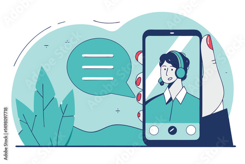 Customer support representative on smartphone screen in flat design illustration