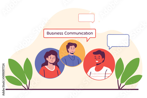Business communication illustration depicting people interacting and sharing ideas in discussion